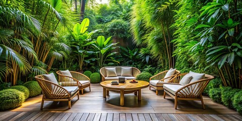 Tropical garden with bamboo furniture and lush greenery , tropical, garden, bamboo, furniture,...