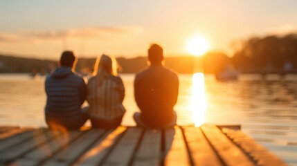 Three friends sit on a wooden pier and watch the sunset over a calm lake, soaking in the tranquility and beauty of the natural setting with boats in the background.
