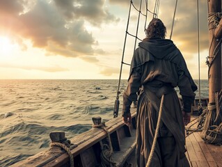 Lone medieval sailor standing on the deck of a ship, looking out at the open sea, with a simple background highlighting the adventure and solitude of the scene 