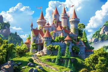 Magical 3D cartoon castle on a hill, surrounded by enchanted forests and whimsical landscapes, with a high-quality background capturing the fantasy and wonder of the scene 