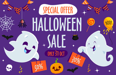 Halloween holiday sale banner with cute kawaii ghosts for discount promotion, vector background. Halloween shop sale and store offer deal for discount promo with funny ghost, skull and spiders