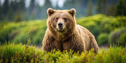 Fototapeta premium Grizzly brown bear in the wilderness on isolated background, grizzly bear, brown bear, wildlife, nature, wilderness