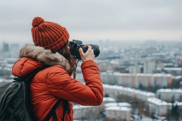 Obraz premium Person candidly capturing photos of their surroundings with a camera, set against a high-quality backdrop of a scenic view or urban landscape 
