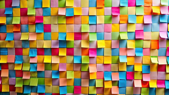 Colorful sticky notes on a wall displaying a mosaic of creativity and reminders , creativity, vibrant, ideas, kaleidoscope