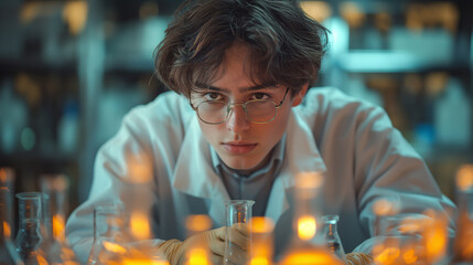 High Key Portrait of Young Scientist in Lab Coat Conducting Experiment with Test Tubes