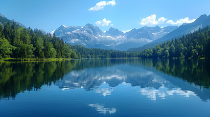 Reflection Shot of Calm Lake with Mirrored Mountains and Trees Under Clear Sky
