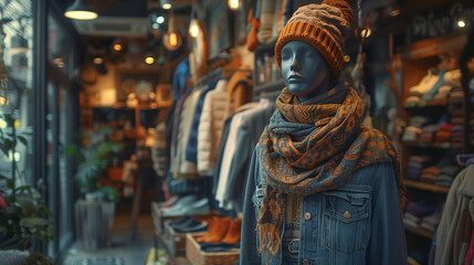 Balanced Asymmetrical Composition of Boutique Store Front with Eclectic Outfits and Warm Ambient Lighting