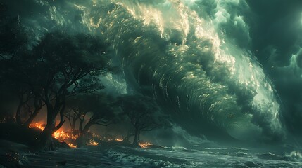Obraz premium Catastrophic Ocean Tsunami Waves Engulfing Coastal Cities, Showcasing Nature's Destructive Power