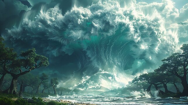 Catastrophic Ocean Tsunami Waves Engulfing Coastal Cities, Showcasing Nature's Destructive Power

