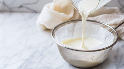 Straining greek yogurt in a kitchen setting, homemade healthy greek yogurt recipe preparation
