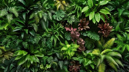 Diverse faux plants in vertical garden, Nature backdrop