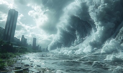 Catastrophic Ocean Tsunami Waves Engulfing Coastal Cities, Showcasing Nature's Destructive Power

