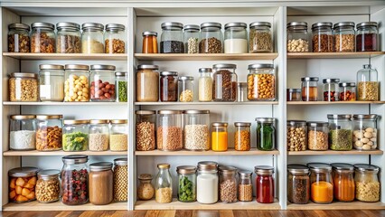 Neatly organized kitchen storage shelves filled with containers and jars , Kitchen, storage, organization, pantry, jars, containers