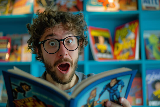 Geek reading a comic book, copy space of a young nerd with a surprised expression while reading a superhero book in his room