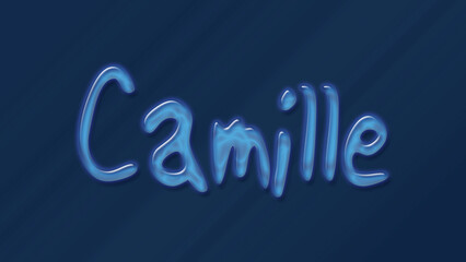 Water bubble 3D text effect of name Camille 0n blue background. 