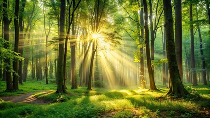 Fototapeta premium A serene woodland background with sunlight filtering through the trees, nature, forest, trees, woods, peaceful