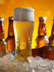Frosty Beer Glass and Bottles in Ice Against Vibrant Yellow Background