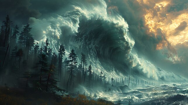 Catastrophic Ocean Tsunami Waves Engulfing Coastal Cities, Showcasing Nature's Destructive Power

