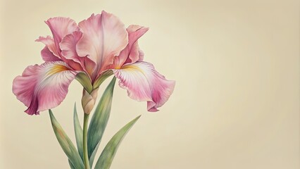 Obraz premium Watercolor botanical painting of a pink iris on ivory background, pink, iris, botanical, painting, watercolor, ivory, floral