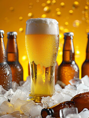 Frosty Beer Glass and Bottles in Ice Against Vibrant Yellow Background