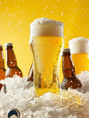 Frosty Beer Glass and Bottles in Ice Against Vibrant Yellow Background