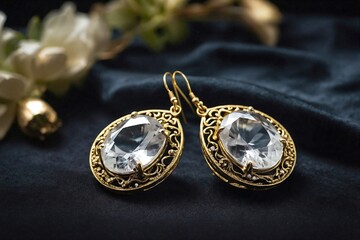 Naklejka premium Quartz Earrings on Black Velvet: A pair of quartz earrings placed on smooth, black velvet fabric.