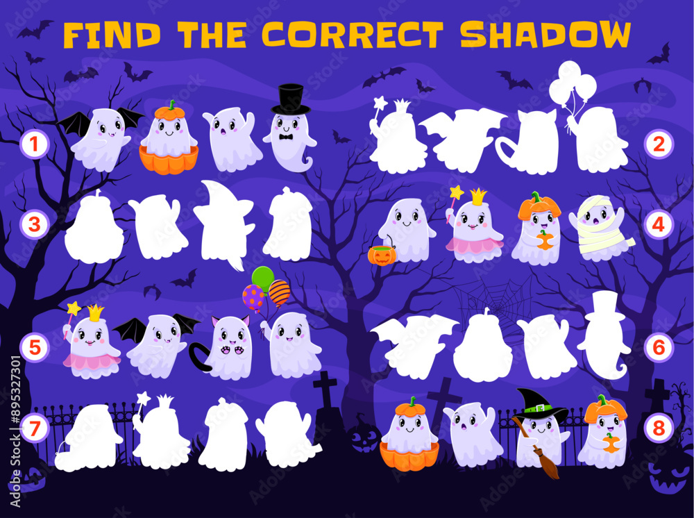 Poster find the correct shadow of halloween kawaii ghosts on cemetery. kids vector game worksheet with cute