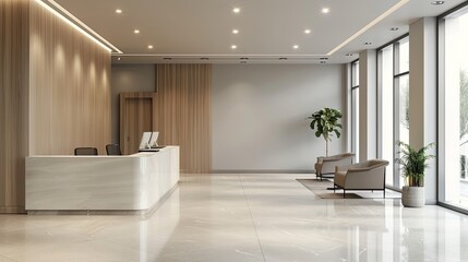 Obraz premium A modern office lobby with a sleek reception desk, comfortable seating, and large windows allowing natural light