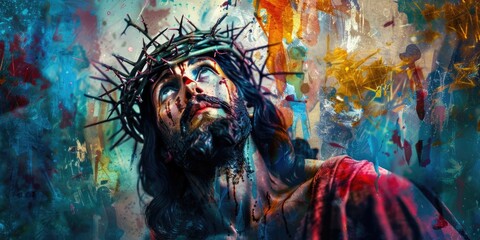 A person wearing a crown of thorns, possibly a symbolic representation