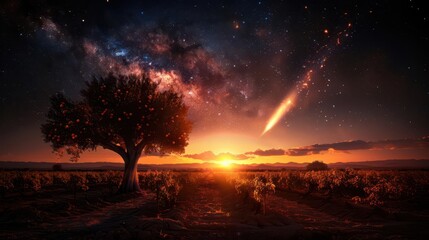 Orchard under a comets tail at night, trees bathed in celestial glow, merging agriculture with astronomy