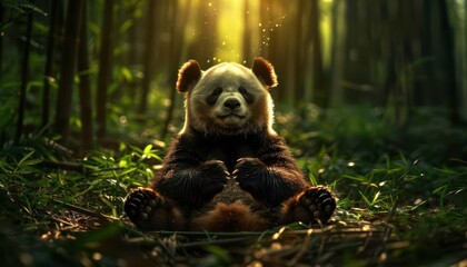 Panda meditating in a tranquil bamboo forest, exploring philosophy, serene and contemplative