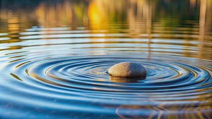 A small pebble skipping across a tranquil pond, creating ripples of joy and tranquility, pebble, small, skipping, tranquil, pond