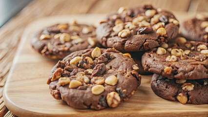 Delicious chocolate cookies with nuts on the table, closeup. Delicious snack, chocolate, cookies, nuts, snack, dessert, sweet