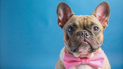 Fototapeta premium French bulldog in pink bowtie against blue background, french bulldog, pink bowtie, dog, pets, cute, adorable, animal