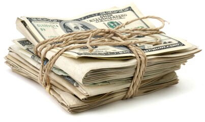 Bundle of hundred-dollar bills wrapped in twine, representing financial savings and security.