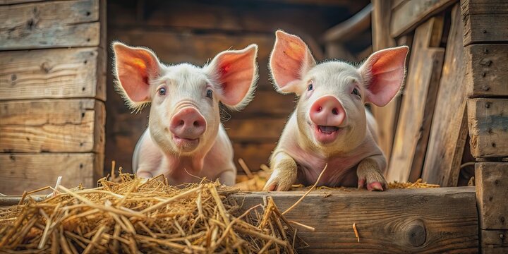 Two cute pigs happily playing in a rustic stable , pigs, farm animals, livestock, barn, straw, cute, adorable
