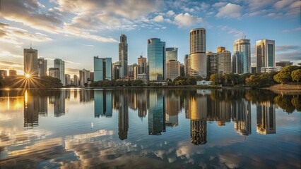 Obraz premium Modern city skyline reflected in serene water, Cityscape, urban, reflection, architecture, buildings, skyline, skyscrapers, modern