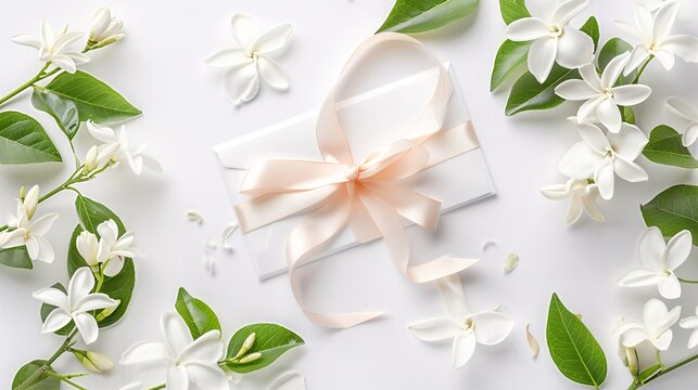 1. A beautiful Mother's Day invitation adorned with delicate jasmine flowers and an elegant ribbon, designed to convey warmth and appreciation