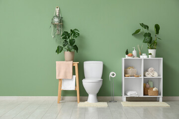 Toilet bowl and shelving units near green wall in restroom