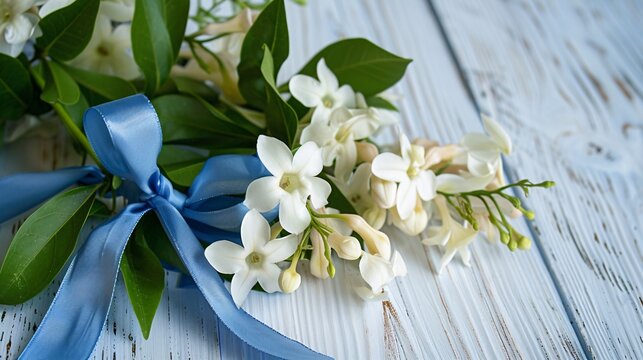 4. Beautiful close-up of a jasmine bouquet with a blue ribbon bow on a white wooden background, highlighting the softness of the flowers and the symbolic meaning for Thai Mother's Day
