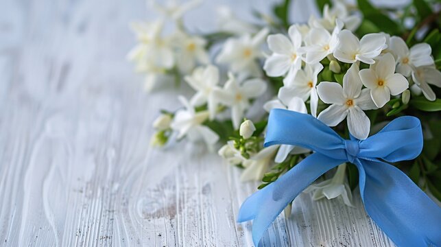 4. Beautiful close-up of a jasmine bouquet with a blue ribbon bow on a white wooden background, highlighting the softness of the flowers and the symbolic meaning for Thai Mother's Day