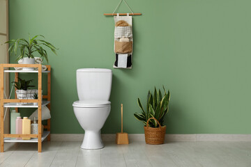 Toilet bowl, shelving unit, organizer and houseplant near green wall in restroom