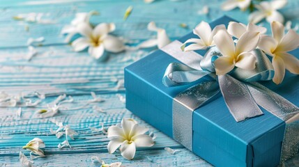 Fototapeta premium 1. Close-up of a blue gift box with a silver ribbon bow and a jasmine flower bouquet tied with a blue ribbon, placed on a white and blue wooden background, symbolizing Mother's Day in Thailand