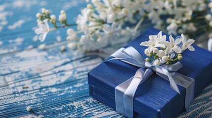 2. Detailed close-up of a blue gift box adorned with a silver ribbon bow alongside a jasmine bouquet with a blue ribbon, set on a white and blue wooden surface, representing Thai Mother's Day