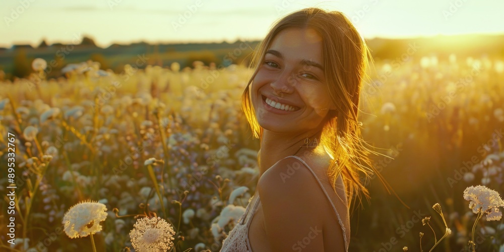 Wall mural a happy woman enjoying the beauty of nature, suitable for use in articles about positivity and well-