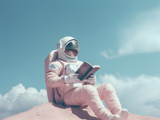 Cute spaceman or astronaut sitting on mountaintop and reading book.