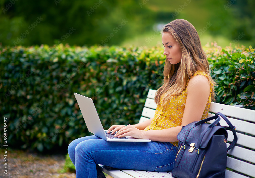 Canvas Prints Woman, park and typing on laptop as university student with assignment or essay in New York. Female person, elearning and break in garden with online research on website for college task or project