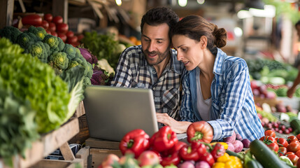 Happy caucasian couple at vegetables and fruits shop.