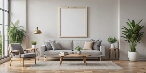Frame mockup showcasing a wall poster in a contemporary living room interior setting, frame, mockup, wall poster