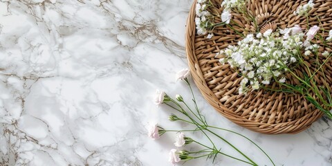 A bouquet of fresh flowers arranged on a white marble surface